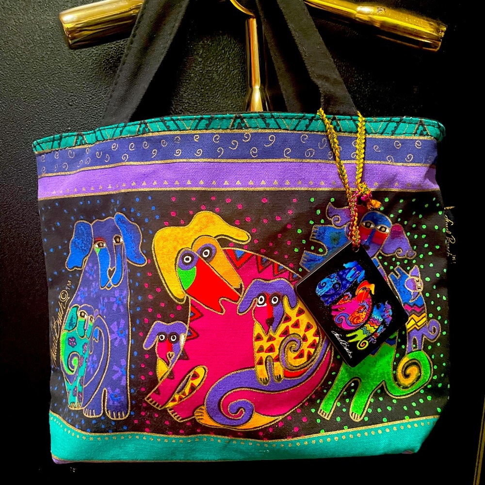 Laurel Burch Dogs & Doggies Medium Canvas Purse Tote Handbag
